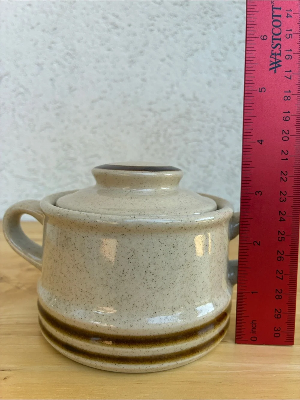 Vintage Stoneware Sugar Bowl speckled cream with Brown 2 handled, made in Japan
